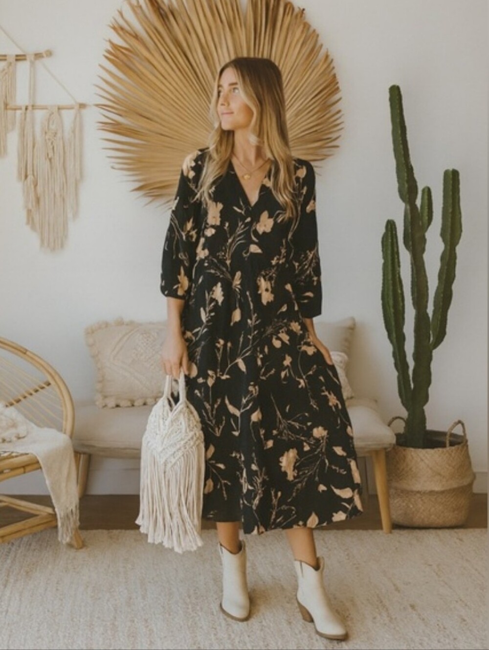 Women's Black Floral Midi Dress - V-Neck Sleeve Dress
